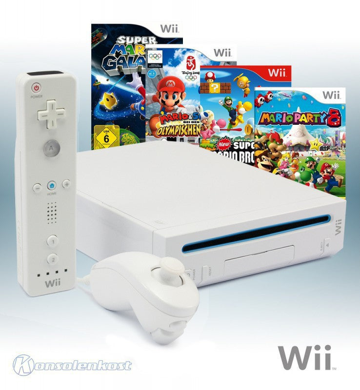 MegaSet: Konsole + Mario Party 8 + Mario Bros + Mario & Sonic + Mario Galaxy + Original Remote