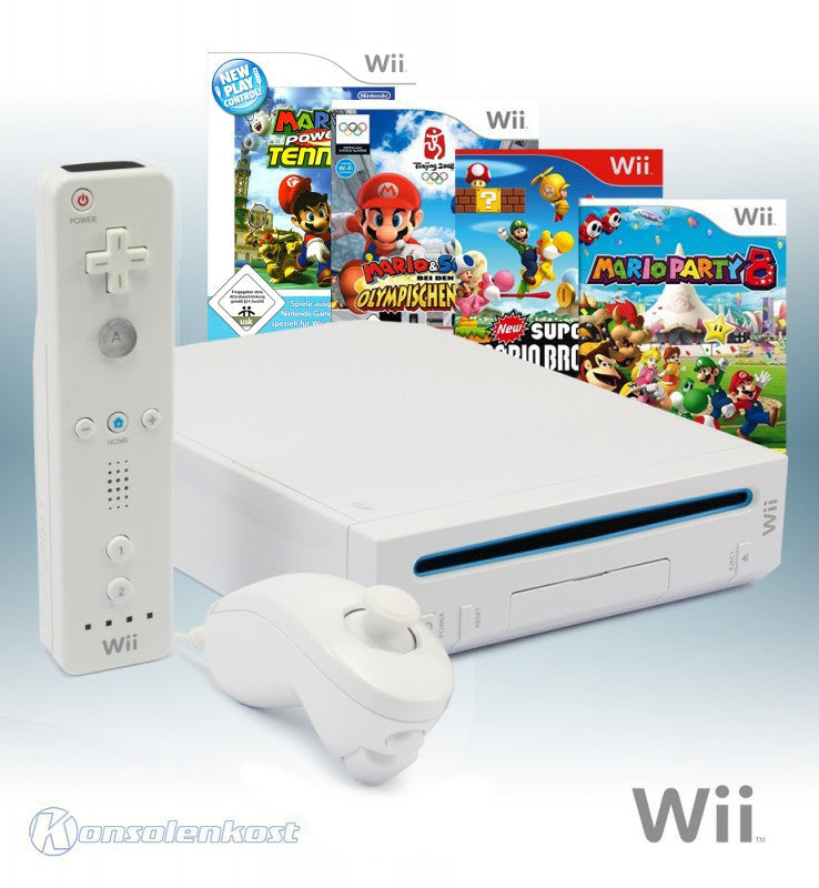 MegaSet: Konsole + Mario Party 8 + Mario Bros + Mario & Sonic + Mario Tennis + Original Remote