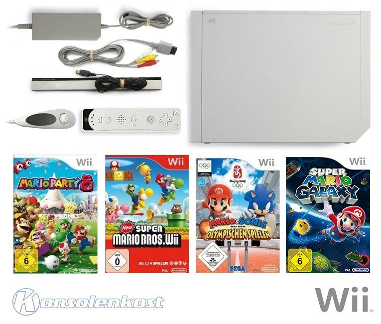 MegaSet: Konsole + Mario Party 8 + Mario Bros + Mario & Sonic + Mario Tennis + Remote