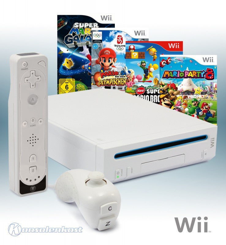 MegaSet: Konsole + Mario Party 8 + Mario Bros + Mario & Sonic + Mario Tennis + Remote