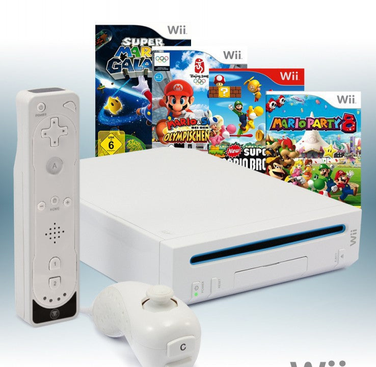 MegaSet: Konsole + Mario Party 8 + Mario Bros + Mario & Sonic + Mario Tennis + Remote