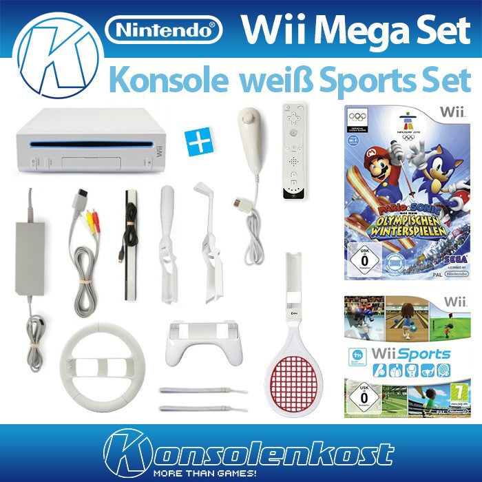 MegaSet: Konsole + Mario & Sonic + Wii Sports + Remote + Zubehör weiß