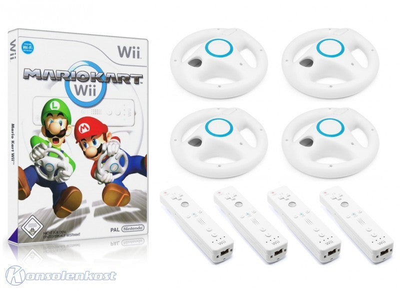 Superbundle: Mario Kart + 4 Original Remotes + 4 Lenkräder