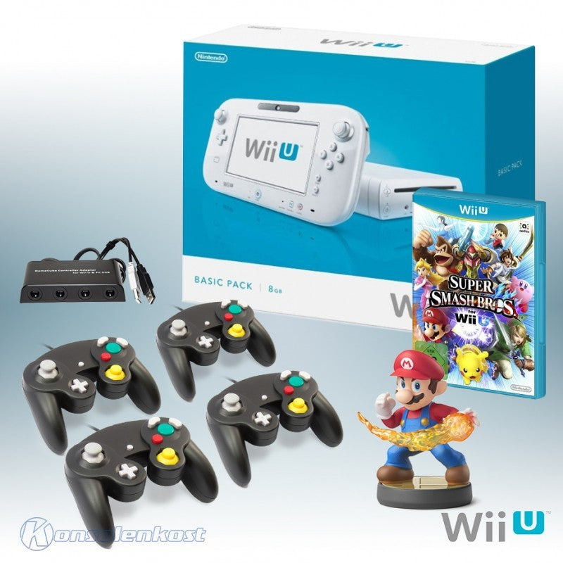Konsole 8 GB weiß + Super Smash Bros. + Amiibo Figur Mario + 4 Controller + Tablet + Zubehör