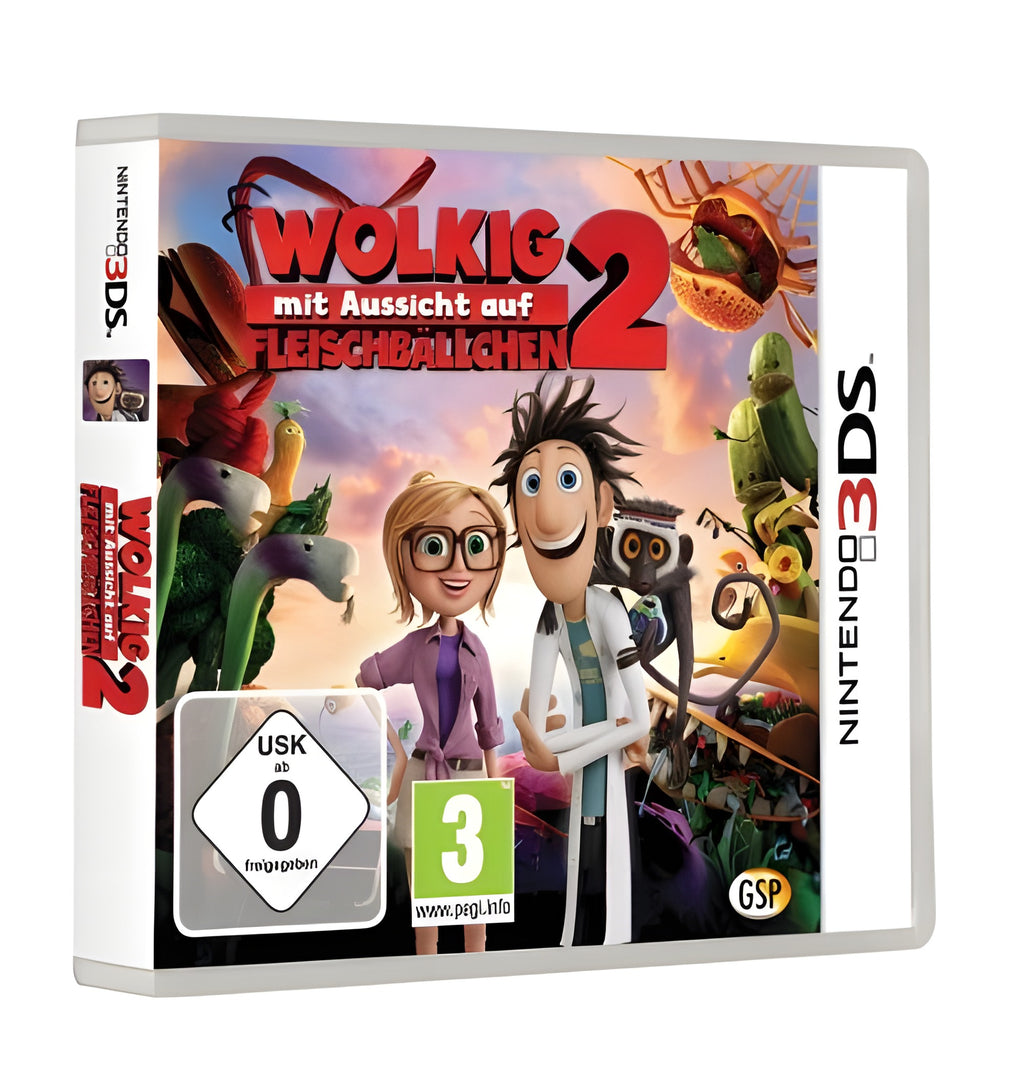 Das Cover von Wolkig mit Aussicht auf Fleischbällchen 2 für Nintendo 3DS zeigt die Hauptfiguren und das USK-Siegel ab 0.