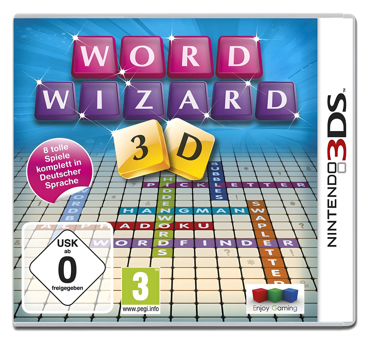 Das Cover von Word Wizard für Nintendo 3DS zeigt den Titel auf bunten Buchstabensteinen und die USK ab 0.