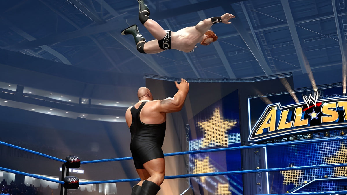 Ein Ringer springt in WWE All Stars von den Seilen auf seinen Gegner herab.