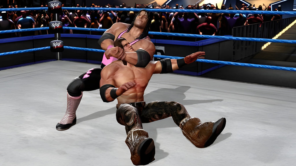 Ein Ringer hält seinen Gegner in WWE All Stars in einem Würgegriff auf dem Boden.