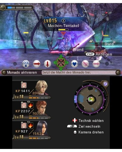 Eine Kampfszene aus Xenoblade Chronicles 3D zeigt den Spielercharakter im Kampf gegen ein Mechon-Tentakel.