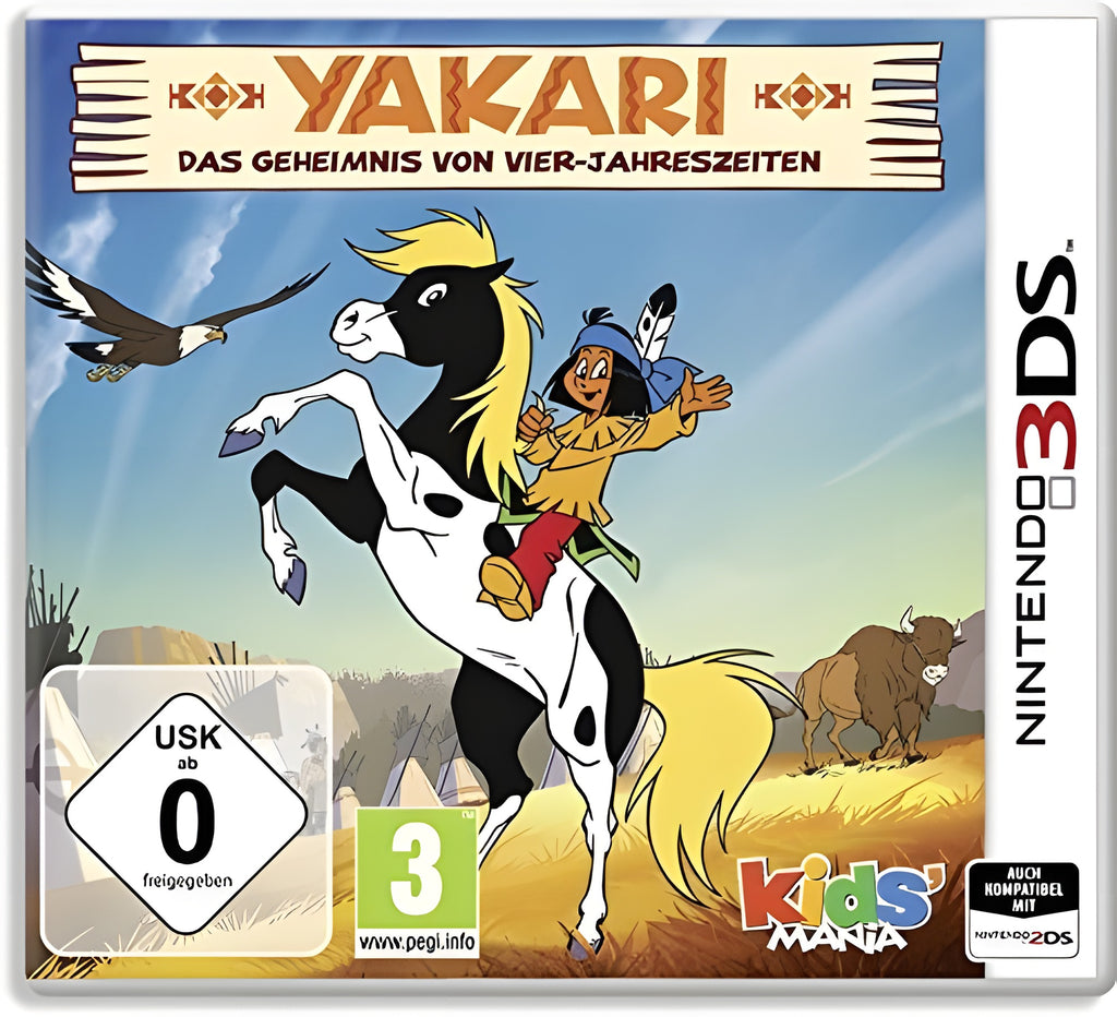 Yakari: Das Geheimnis von Vier-Jahreszeiten zeigt Yakari auf Kleiner Donner vor einer Landschaft mit Adler und Bison.