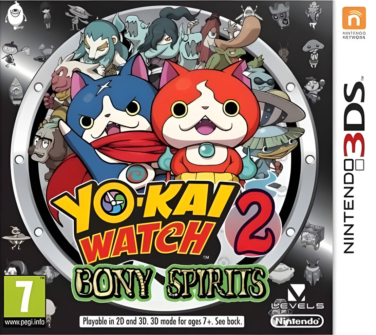 Das Cover von Yo-Kai Watch 2: Bony Spirits für Nintendo 3DS zeigt zwei Katzenfiguren und PEGI 7.