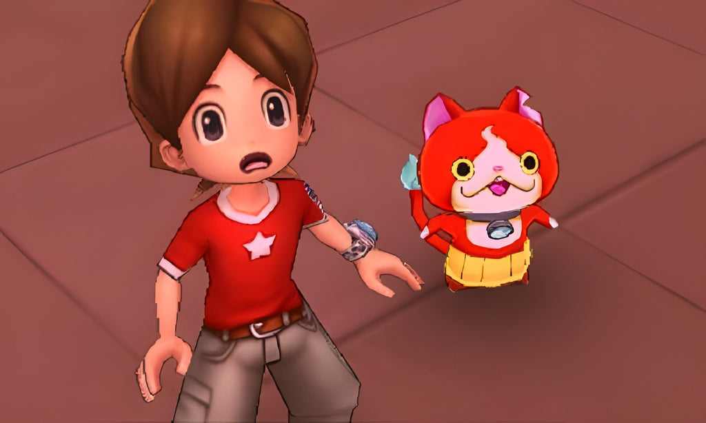 Ein Junge und ein katzenartiger Yo-Kai stehen in Yo-Kai Watch 2: Bony Spirits in einem Raum.