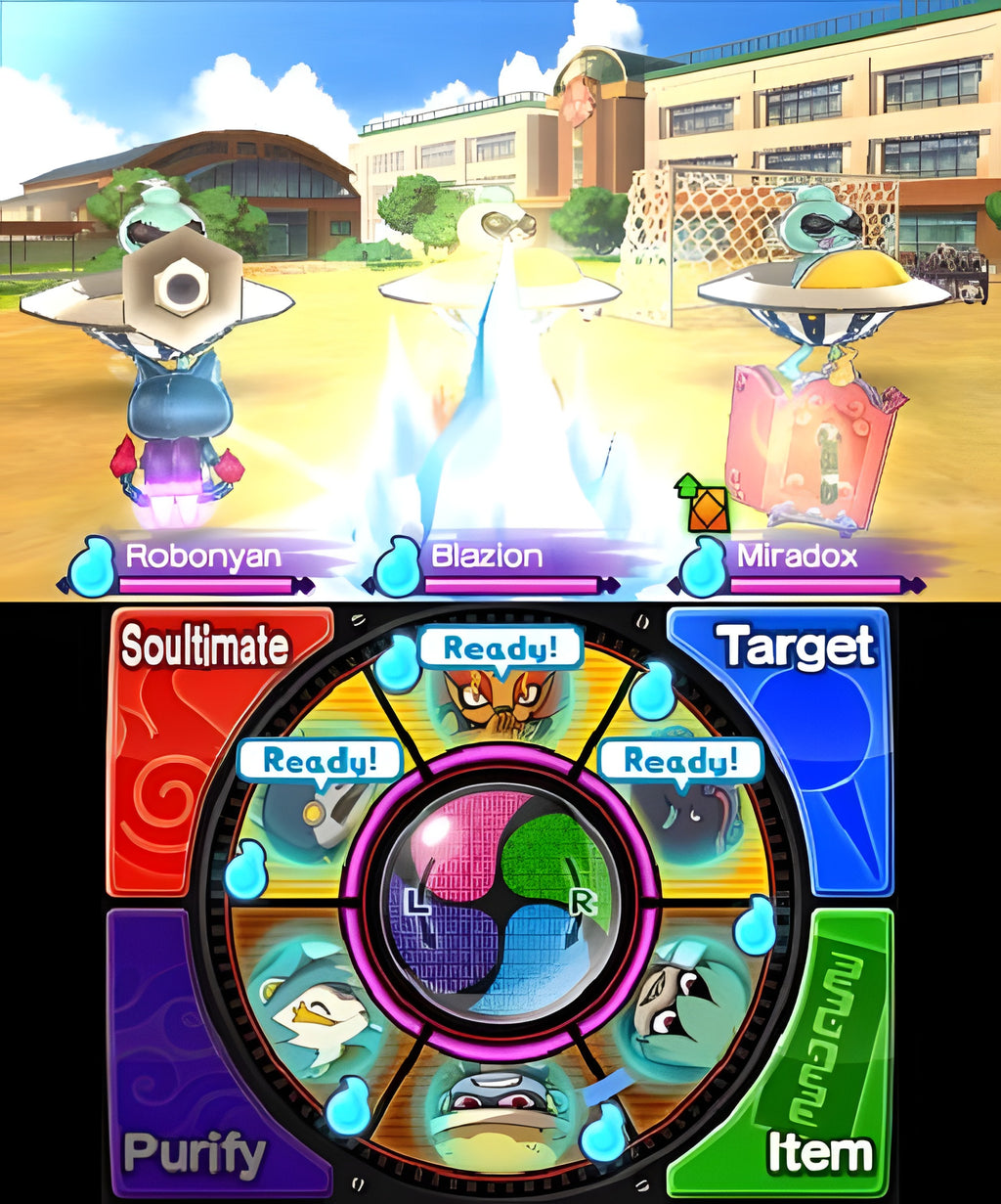 Ein Kampfmenü in Yo-Kai Watch 2: Bony Spirits zeigt drei Yo-Kai auf einem Sportplatz.