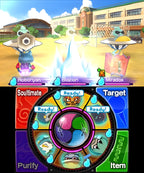 Ein Kampfmenü in Yo-Kai Watch 2: Bony Spirits zeigt drei Yo-Kai auf einem Sportplatz.
