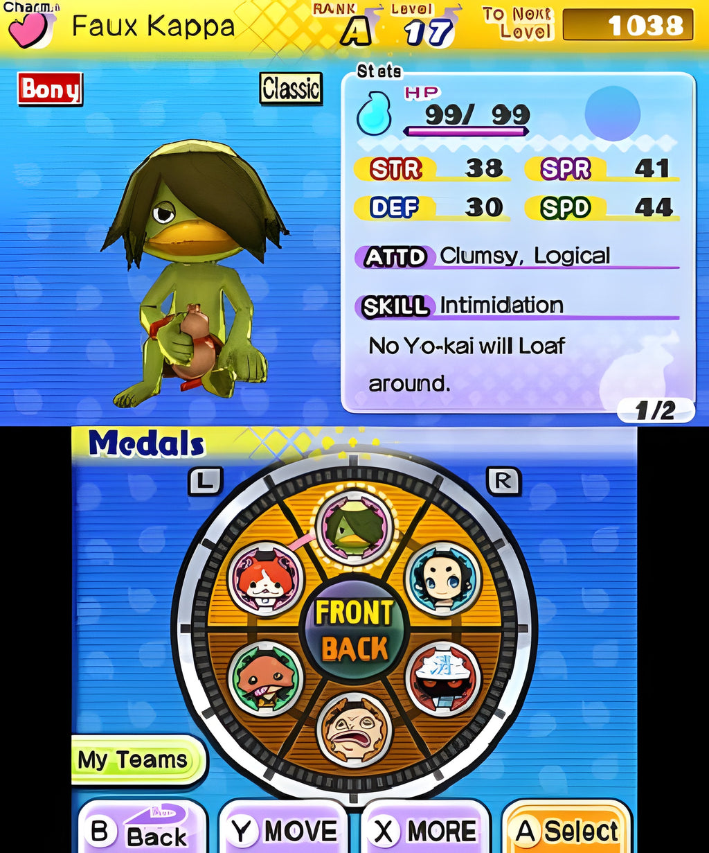 Yo-Kai Watch 2: Bony Spirits zeigt einen Charakter mit Stats und eine Medaillenübersicht.