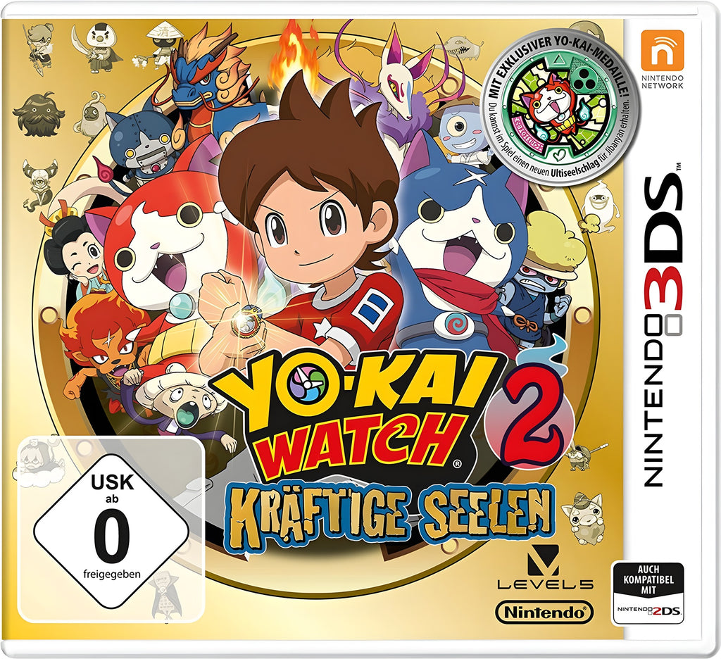 Das Cover von Yo-Kai Watch 2: Kräftige Seelen für Nintendo 3DS zeigt viele bunte Figuren und das USK ab 0 Siegel.