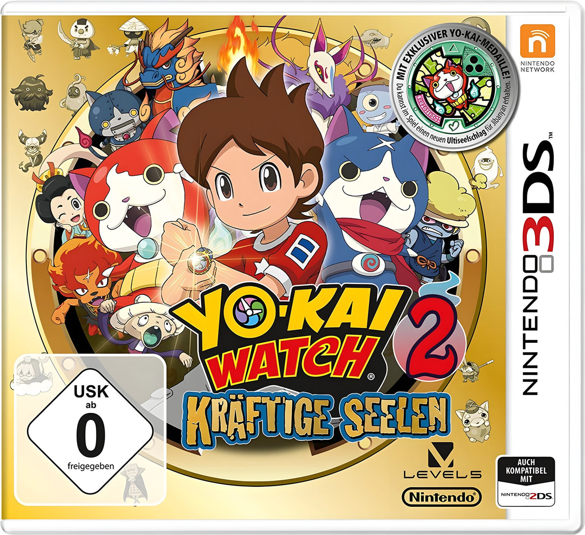 Das Cover von Yo-Kai Watch 2: Kräftige Seelen für Nintendo 3DS zeigt viele bunte Figuren und das USK ab 0 Siegel.