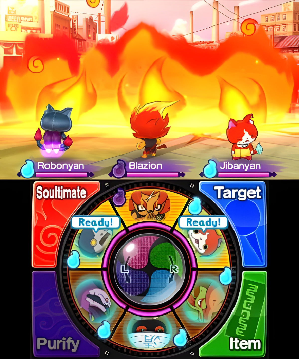Drei Yo-Kai kämpfen in Yo-Kai Watch 2: Kräftige Seelen vor einem großen Feuer in der Stadt.