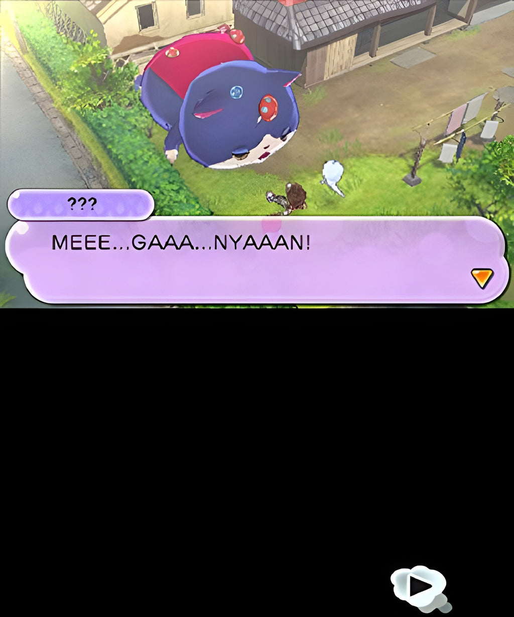 Eine riesige Katze und ein Textfeld mit 'MEEE...GAAA...NYAAAN!' sind in Yo-Kai Watch 2: Kräftige Seelen zu sehen.