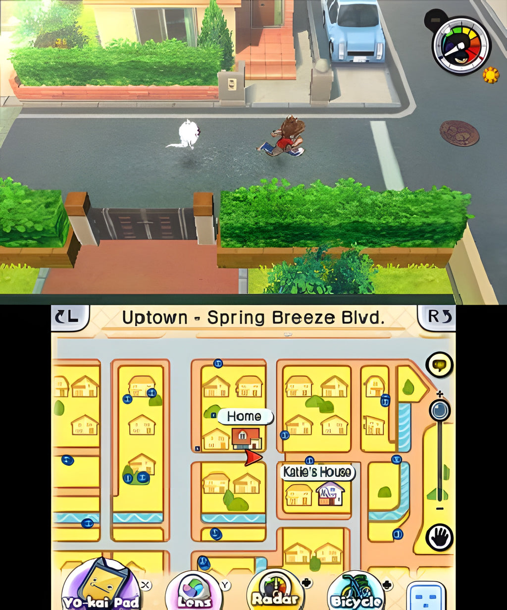 Ein Charakter läuft in Yo-Kai Watch 2: Kräftige Seelen durch eine Stadt, darunter eine detaillierte Karte.