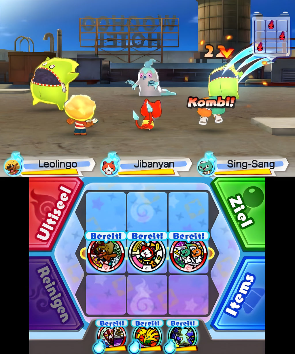 Im Kampfbildschirm von Yo-Kai Watch 3 treten drei Yo-Kai gegen zwei Gegner an.