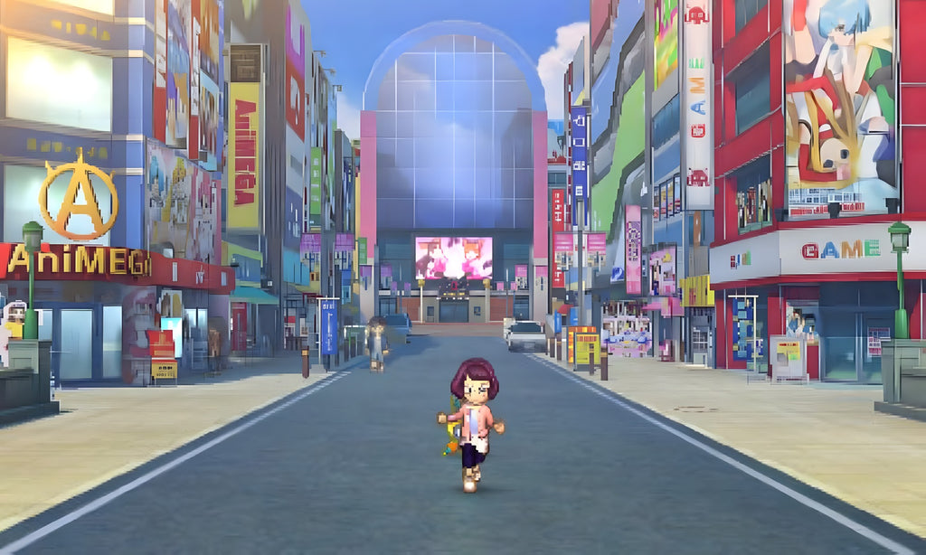 Eine Figur läuft in Yo-Kai Watch 3 durch eine belebte japanische Stadtstraße.
