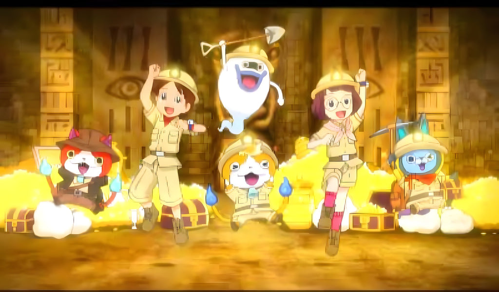 In Yo-Kai Watch 3 suchen mehrere Yo-Kai und Kinder als Schatzsucher in einer Höhle.
