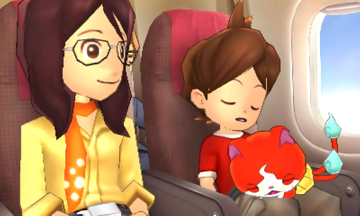 Zwei Charaktere und ein Yo-Kai reisen in Yo-Kai Watch 3 in einem Flugzeug.