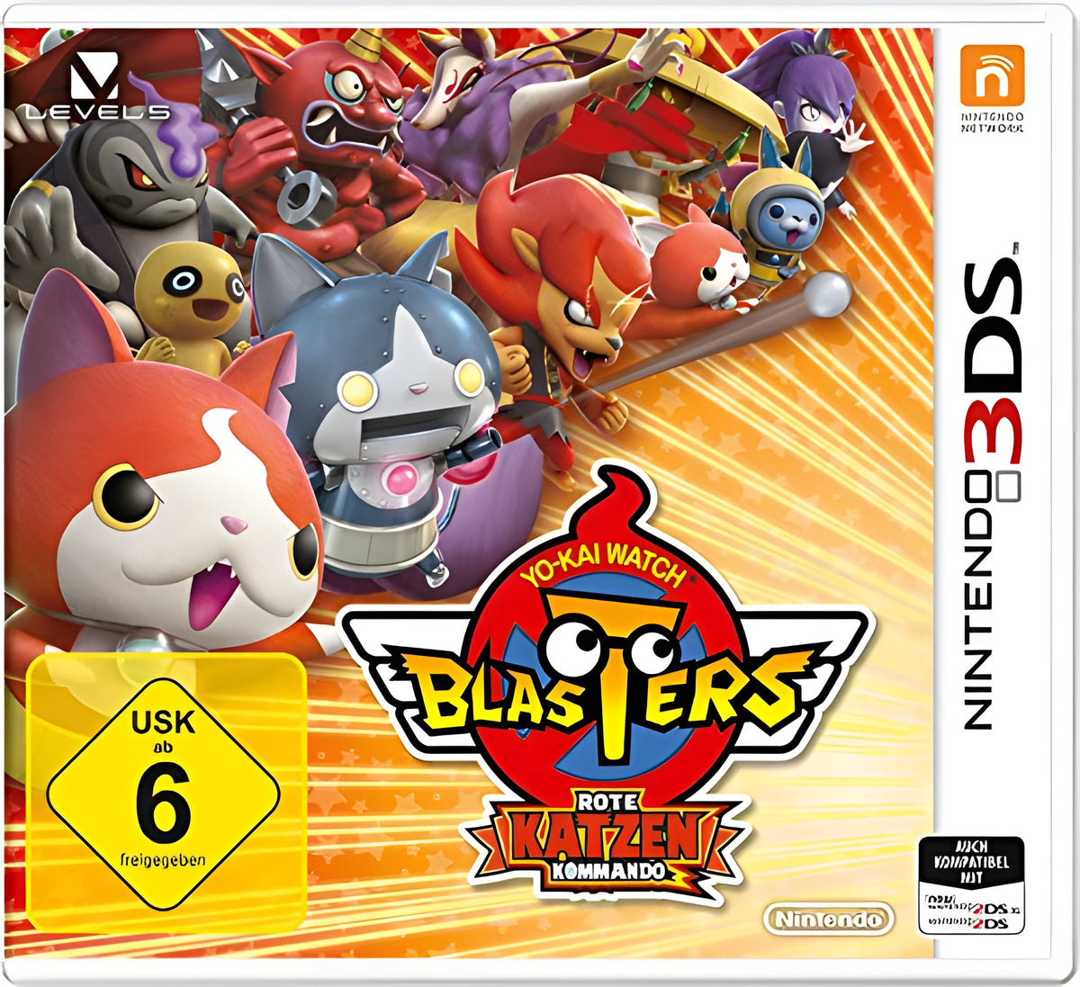 Das Cover von Yo-Kai Watch Blasters: Rote Katzen Kommando zeigt viele Yo-Kai und das USK-Siegel ab 6.