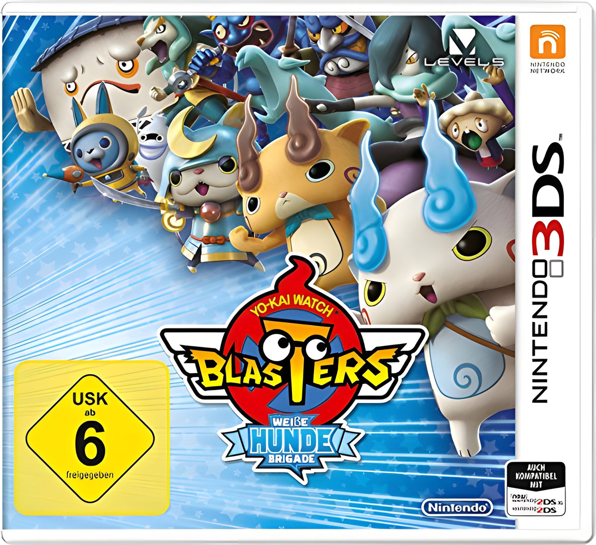 Das Cover von Yo-Kai Watch Blasters: Weiße Hunde Brigade zeigt viele bunte Figuren und das USK-Siegel ab 6.