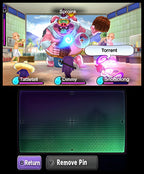 Ein Bosskampf in Yo-Kai Watch zeigt Sproink, ein großes rosa Schwein, das von drei Figuren angegriffen wird.
