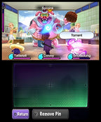 Yo-Kai Watch zeigt einen Bosskampf gegen Sproink, während das untere Display leer ist.