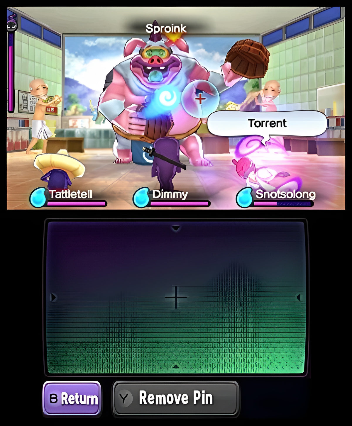 Yo-Kai Watch zeigt einen Bosskampf gegen Sproink, während das untere Display leer ist.