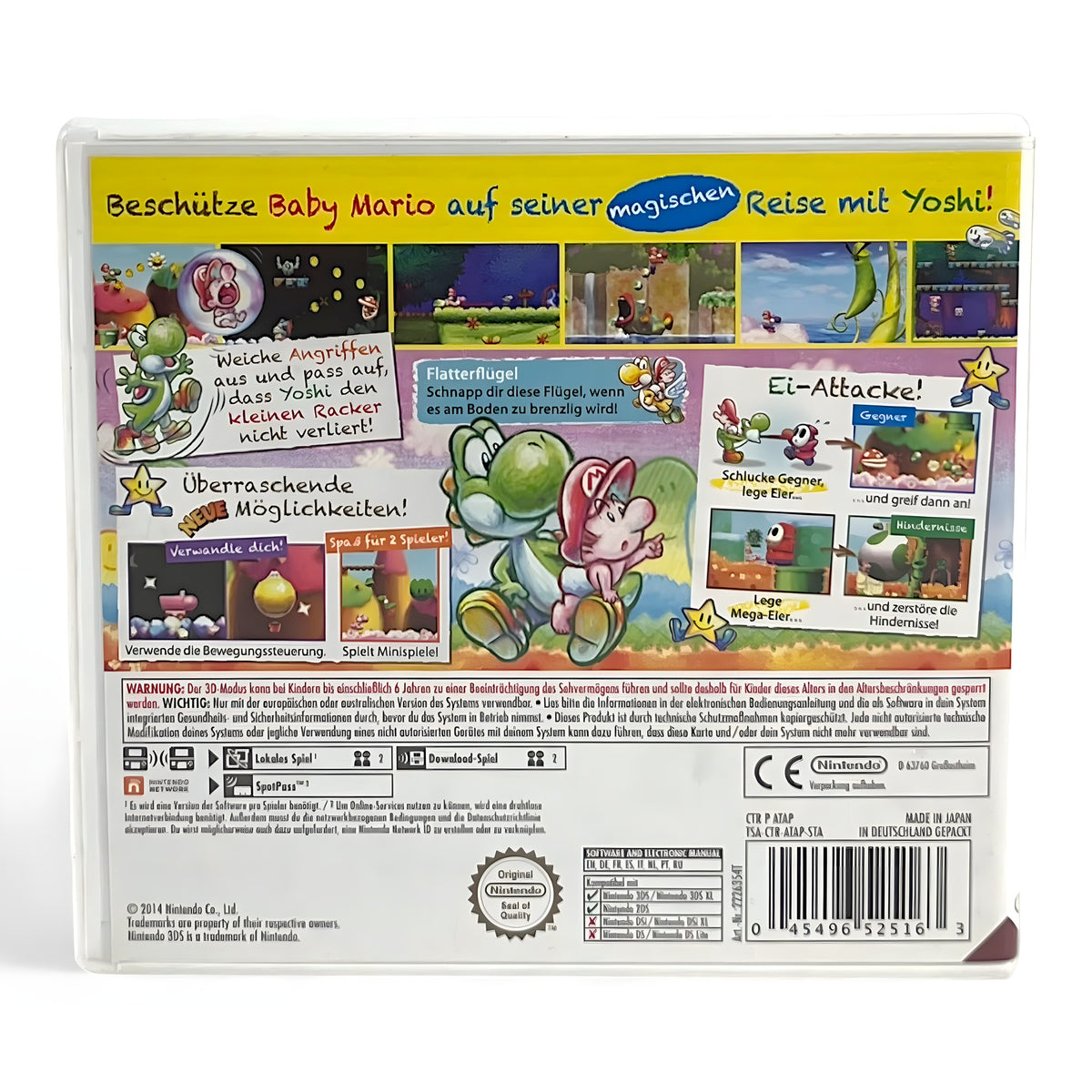 Die Rückseite der Verpackung von Yoshi's New Island zeigt Spielszenen und Texte zu den Features.