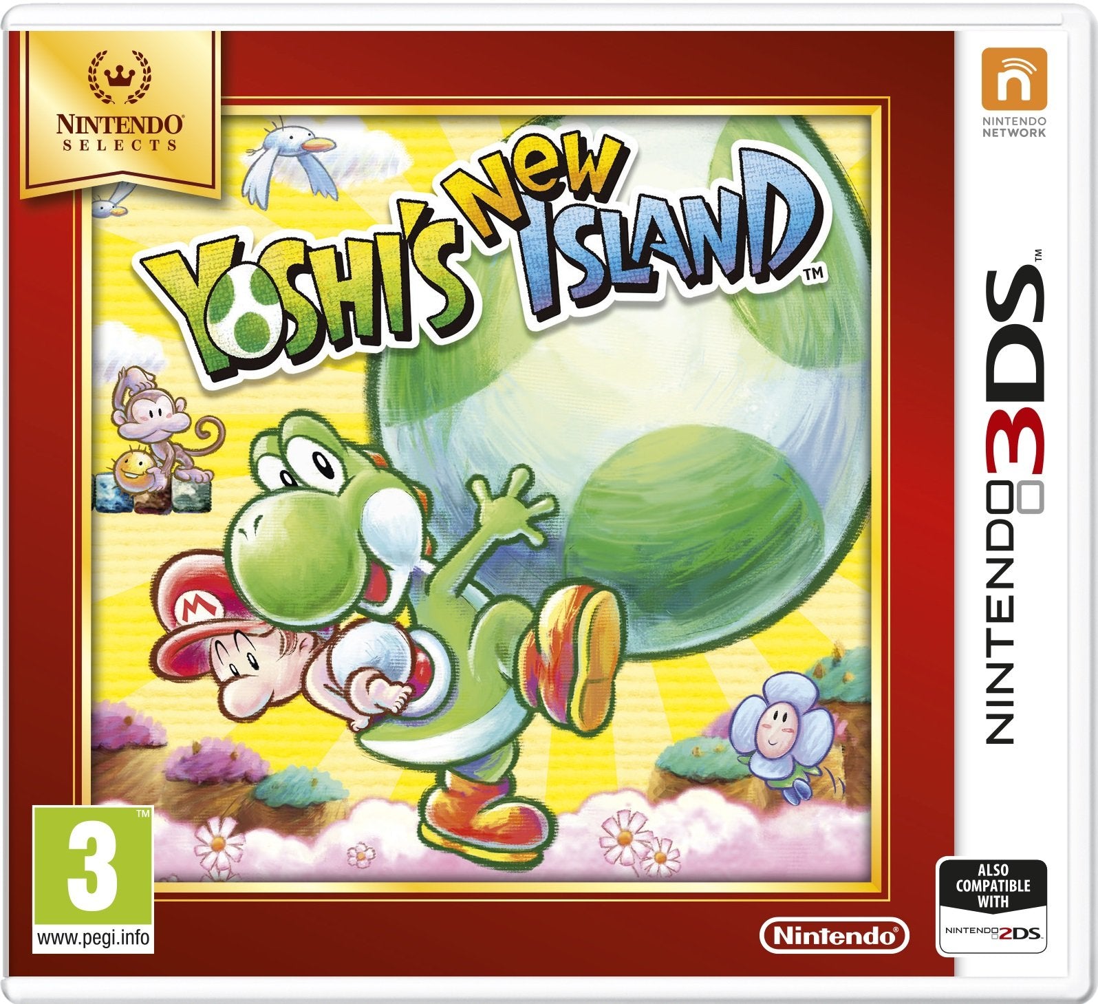 Das Cover von Yoshi's New Island zeigt Yoshi mit Baby Mario vor einem großen Ei und der USK ab 3.