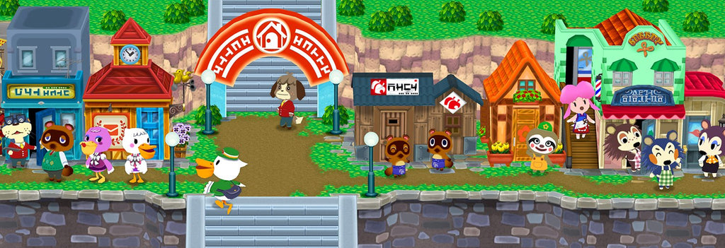Eine Stadtansicht aus Yoshi's New Island mit vielen Tieren und Gebäuden.