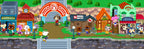 Eine Stadtansicht aus Yoshi's New Island mit vielen Tieren und Gebäuden.