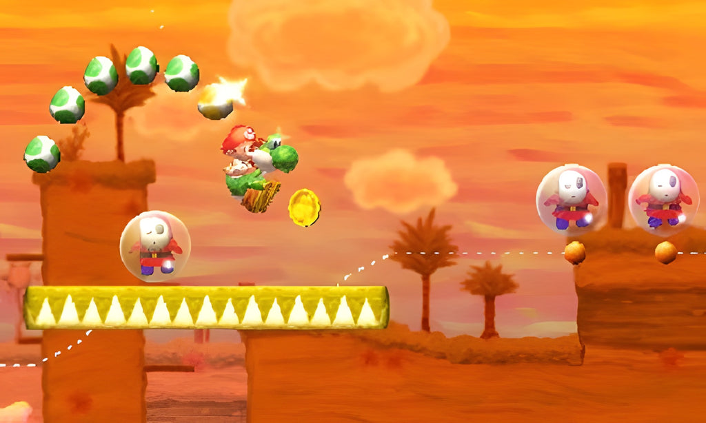 In Yoshi's New Island reitet Yoshi mit Baby Mario über eine Plattform, umgeben von Eiern und Gegnern.