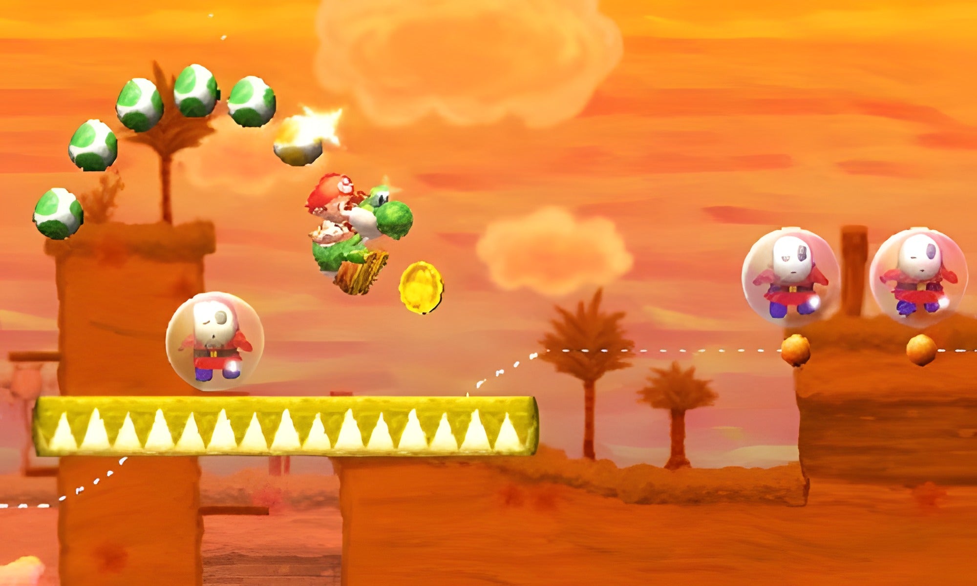 In Yoshi's New Island reitet Yoshi mit Baby Mario über eine Plattform, umgeben von Eiern und Gegnern.