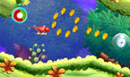 Ein roter Hubschrauber fliegt in Yoshi's New Island durch eine grüne Landschaft und sammelt Münzen.