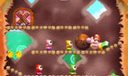 Yoshi rollt in Yoshi's New Island einen Felsen durch eine Höhle, während Gegner zusehen.