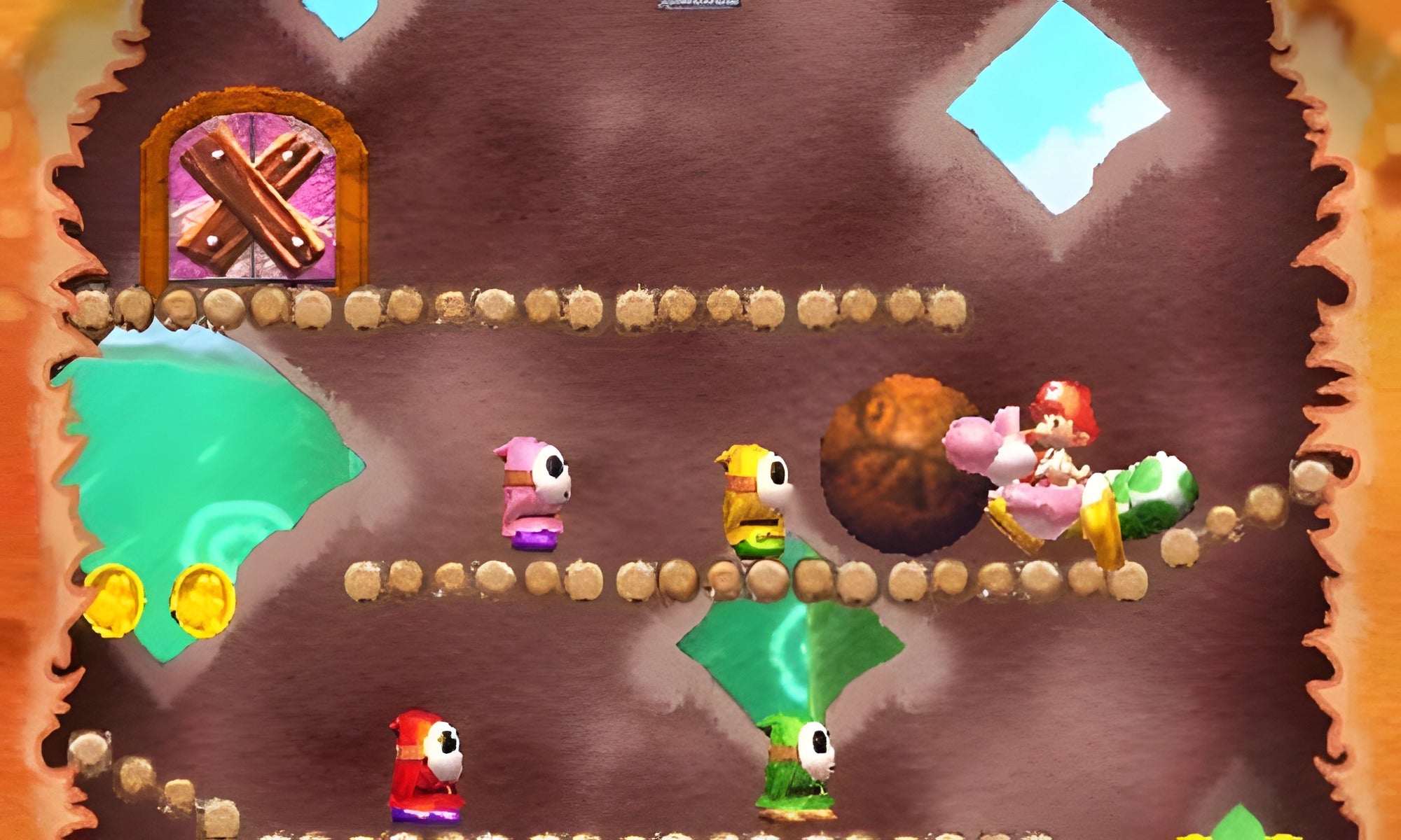 Yoshi rollt in Yoshi's New Island einen Felsen durch eine Höhle, während Gegner zusehen.