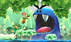 In Yoshi's New Island reitet Baby Mario auf Yoshi, der vor einem riesigen blauen Gegnermaul schwebt.