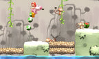 Yoshi's New Island zeigt Baby Mario auf einem pinken Yoshi, der Eier auf Affen wirft.