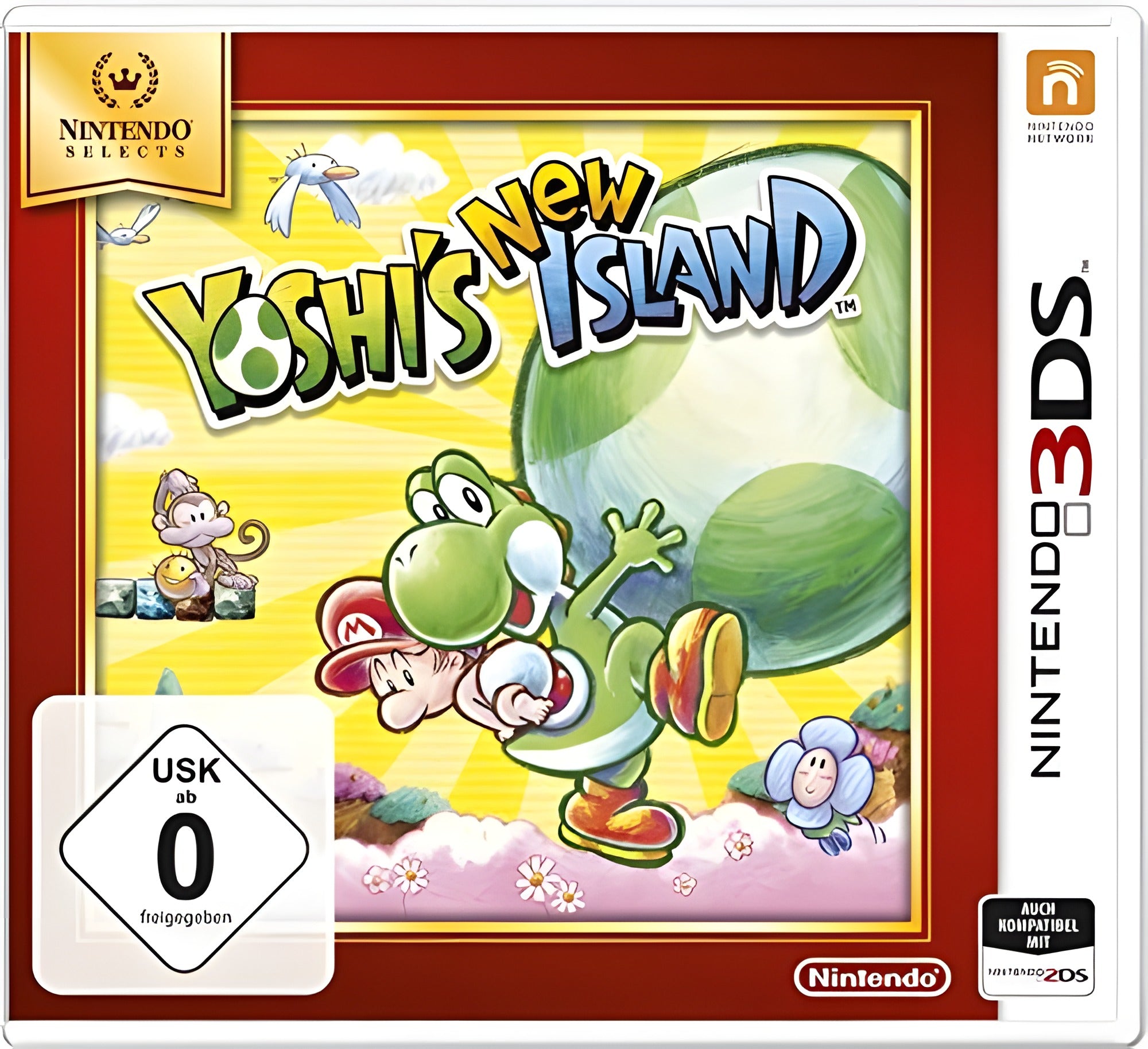 Das Cover von Yoshis New Island für Nintendo 3DS zeigt Yoshi mit Baby Mario vor einem riesigen Ei, USK ab 0.