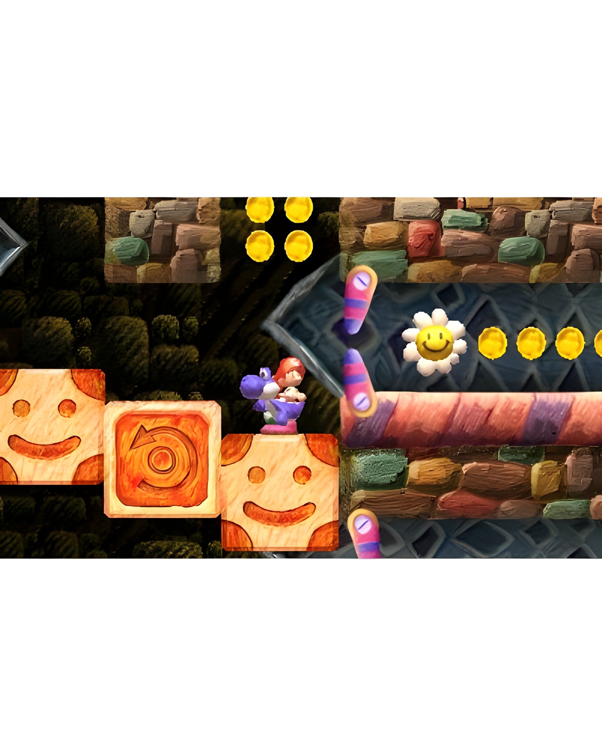 Yoshis New Island zeigt Yoshi in einem Dungeon auf beweglichen Blöcken mit Smiley-Gesichtern.