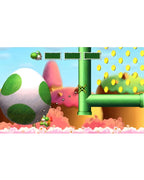 Eine Szene aus Yoshis New Island zeigt Yoshi, der ein riesiges Ei über ein grünes Rohr schiebt.