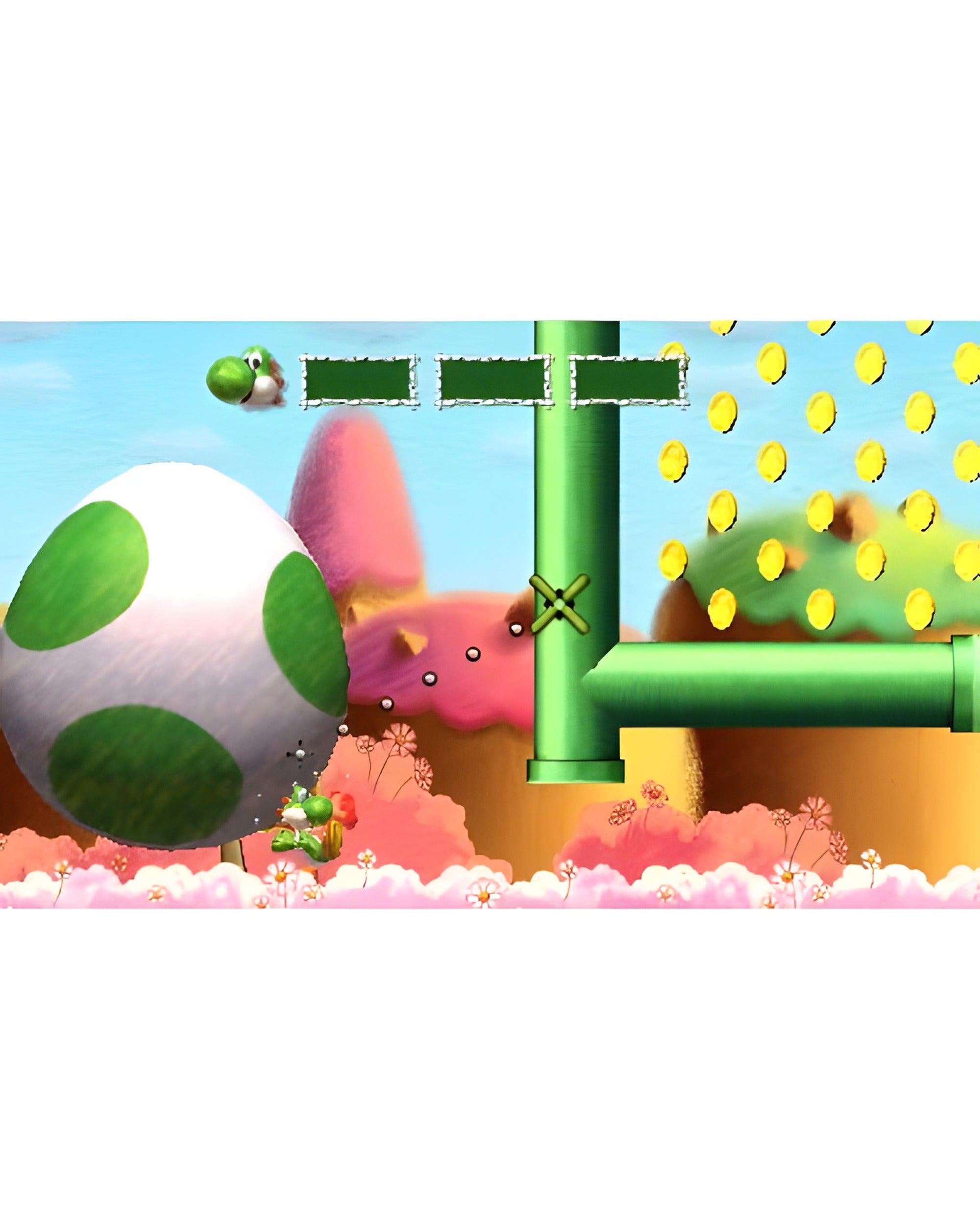 Eine Szene aus Yoshis New Island zeigt Yoshi, der ein riesiges Ei über ein grünes Rohr schiebt.