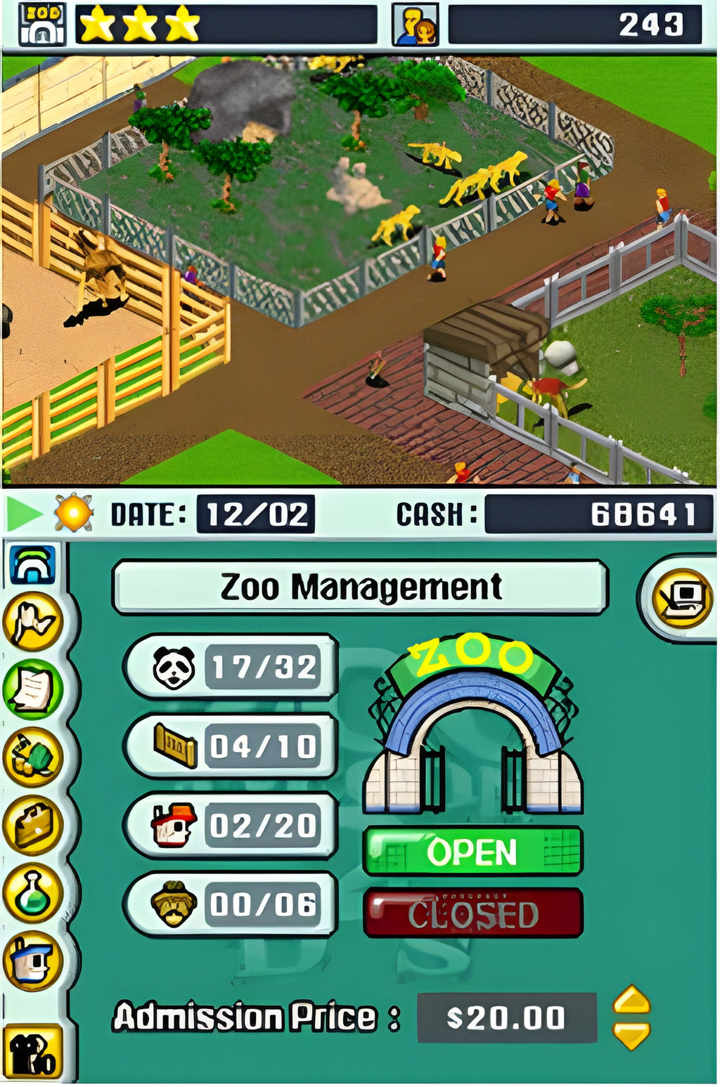 Eine Übersicht aus Zoo Tycoon 2 zeigt ein Gehege mit Geparden und das Zoo-Management-Menü mit Einnahmen und Preisen.